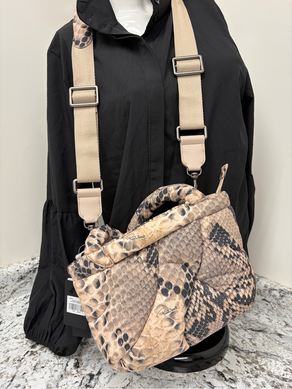 Roberto Cavalli Beige and Black Snake-Print Padded Crossbody Bag with Wide Strap